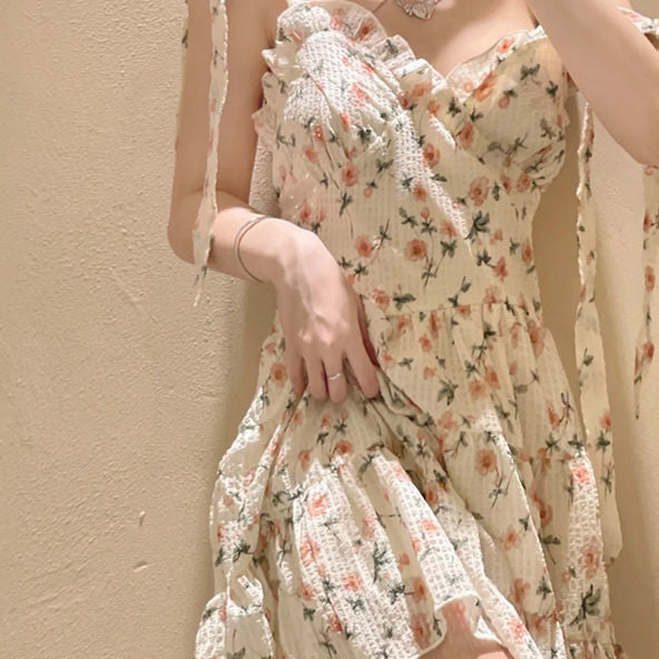 Vestido de tirantes con flores para mujer estilo francés suave y sexy