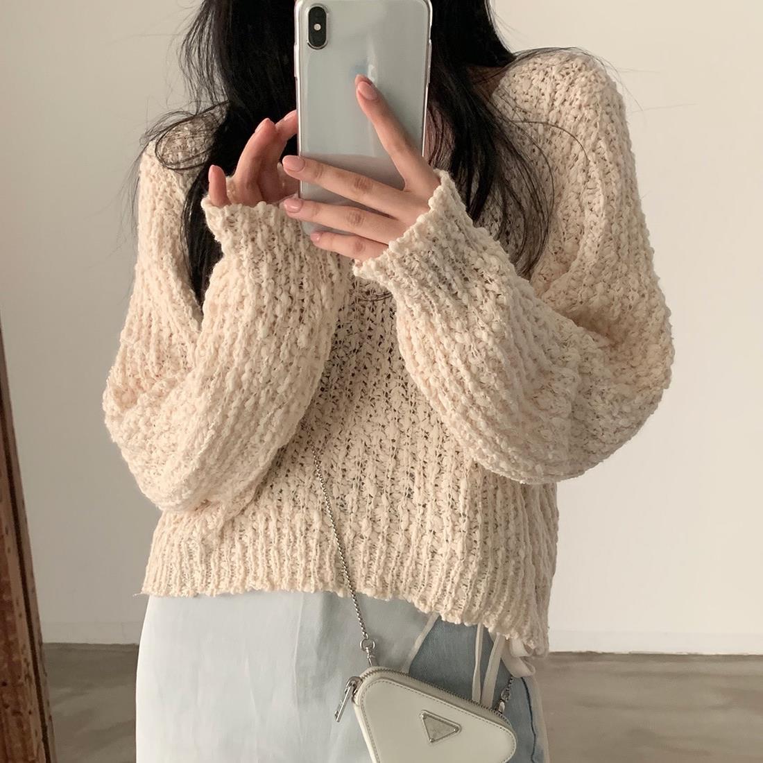 Korean Style Retro V-neck Short Long Sleeve Knitted Sweater