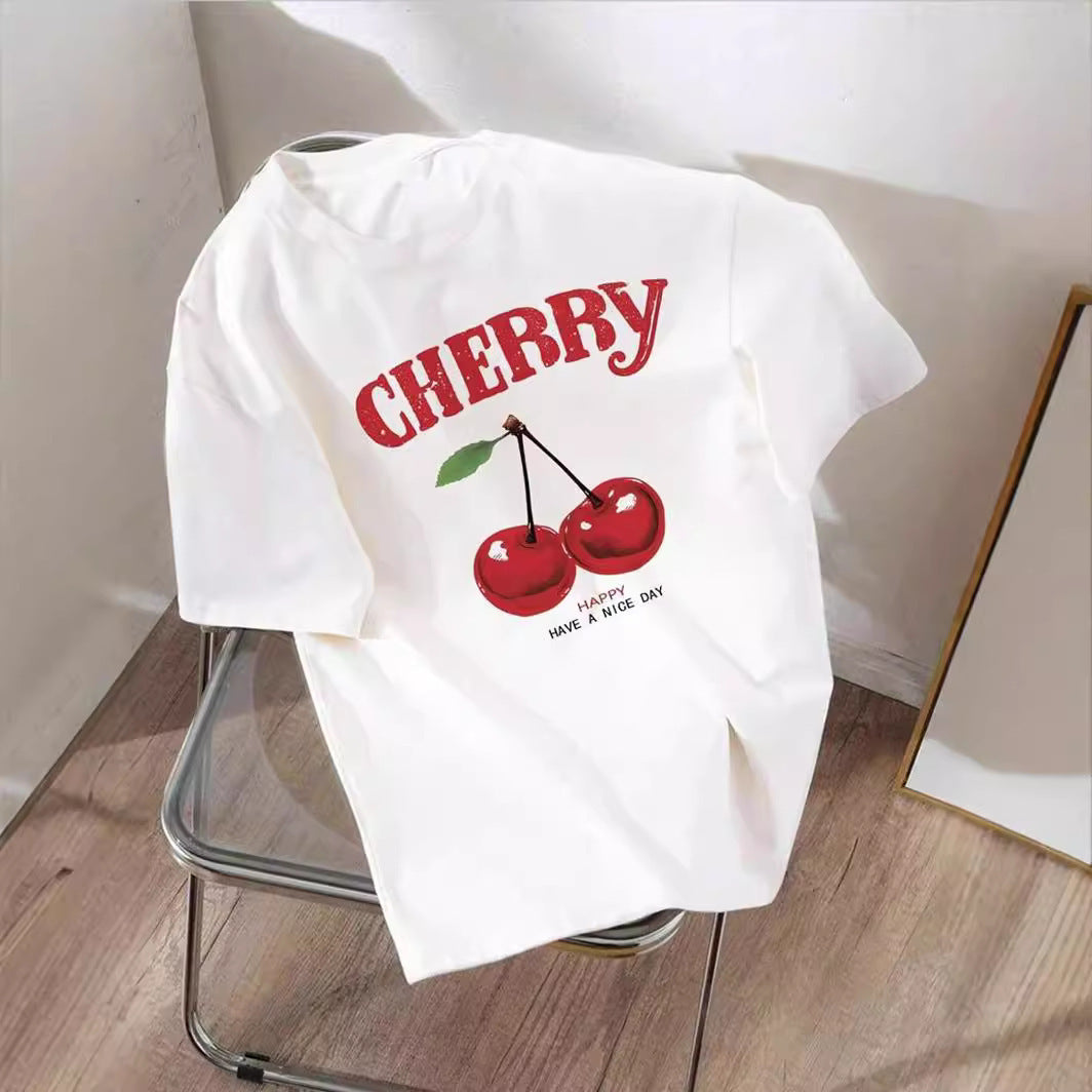 Oversized Cherry Print White Round Neck Short Sleeve