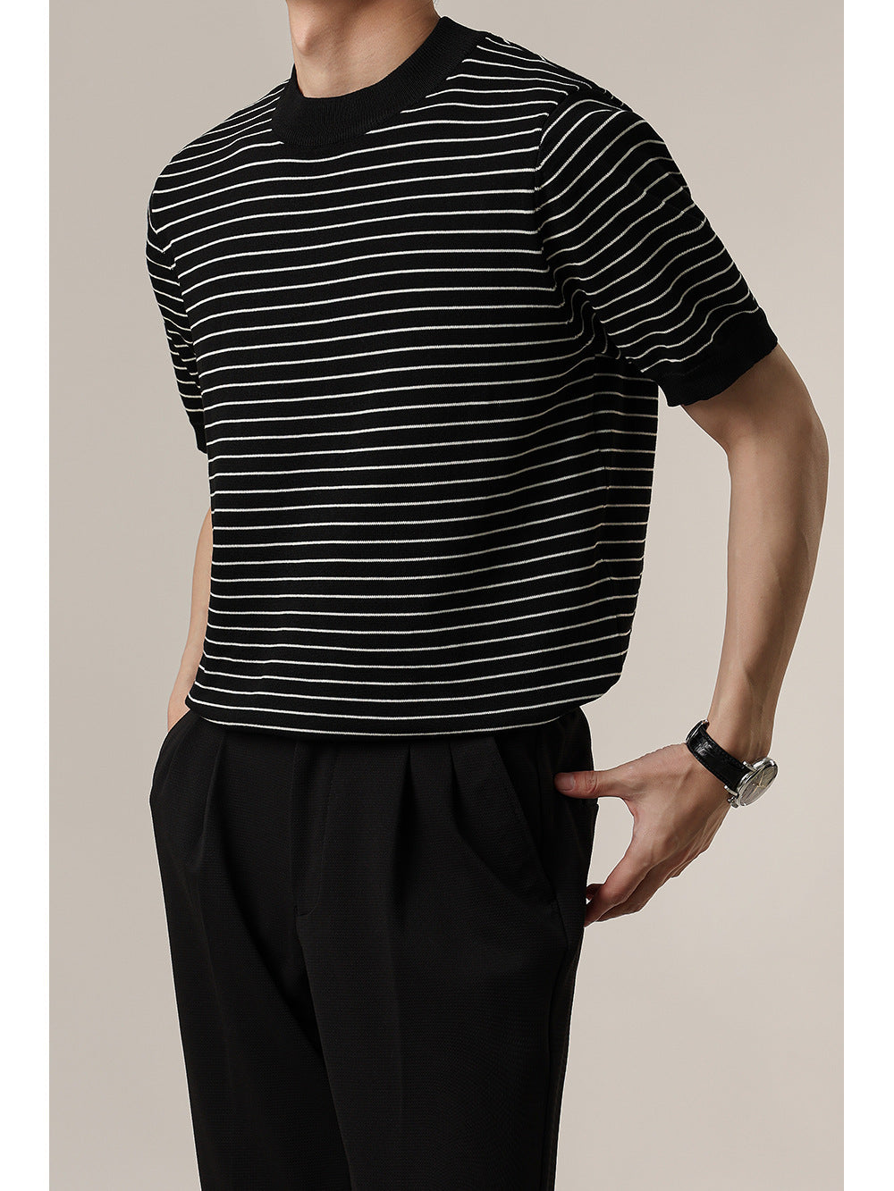 Advanced Trendy Heavy Loose Men's T-shirt Round Neck Striped