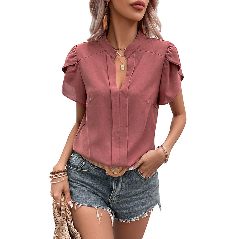 Blusa roja sexy de manga europea corta y americana con cuello en V