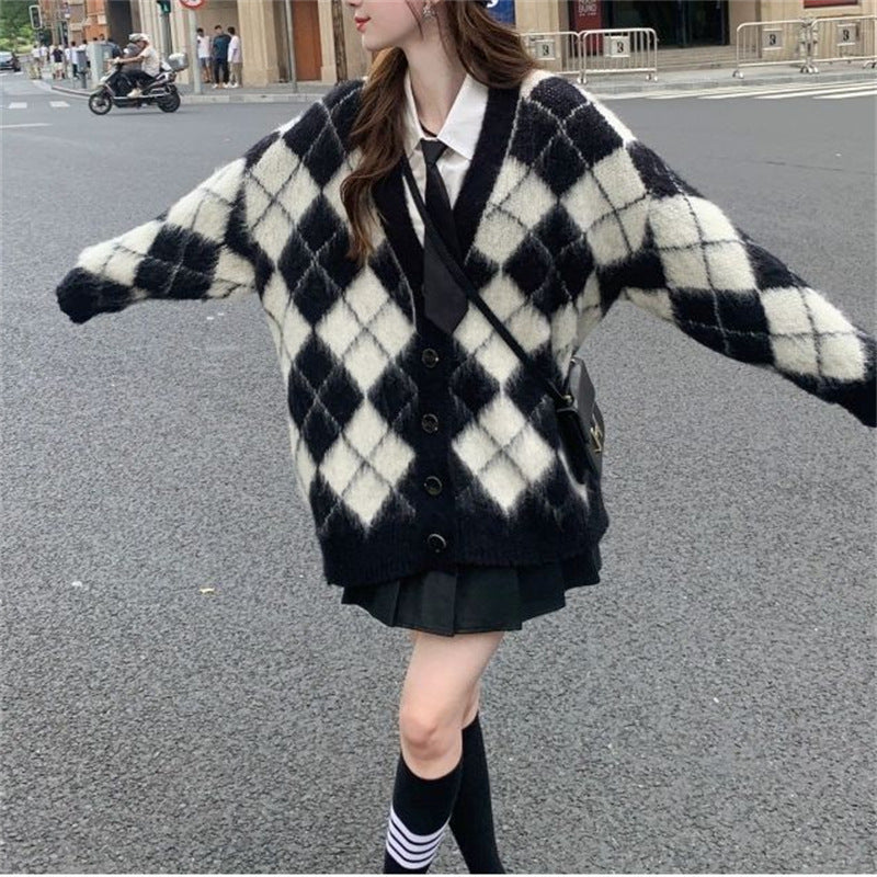 Plaid Knitted Cardigan Coat For Women