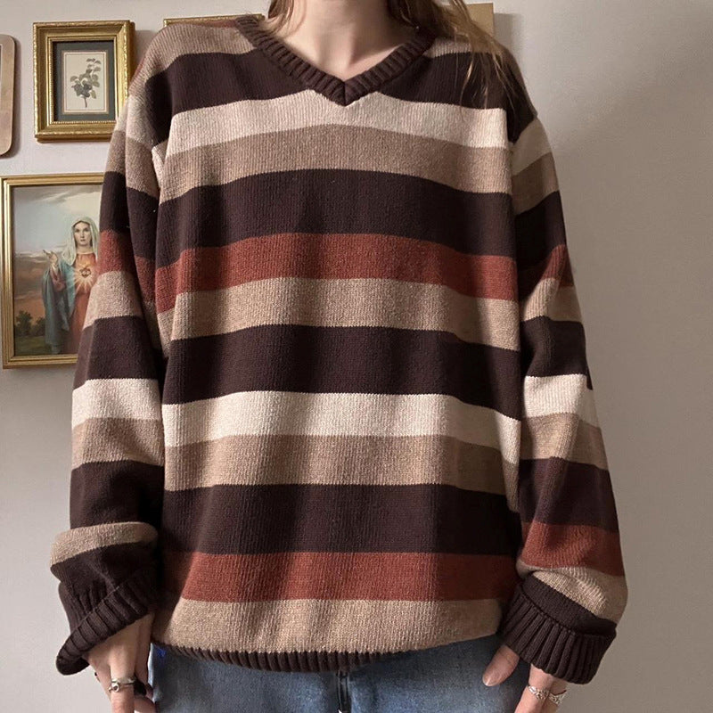 Niche Lazy Colorful Striped V-neck Patchwork Loose Pullover Woolen Top