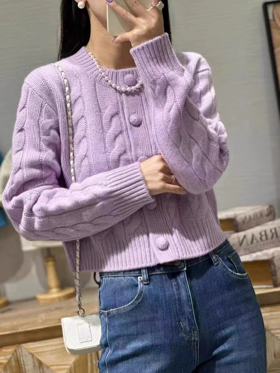 Lazy Round Neck Knitted Soft Glutinous Wool Cardigan Sweater Coat For Women