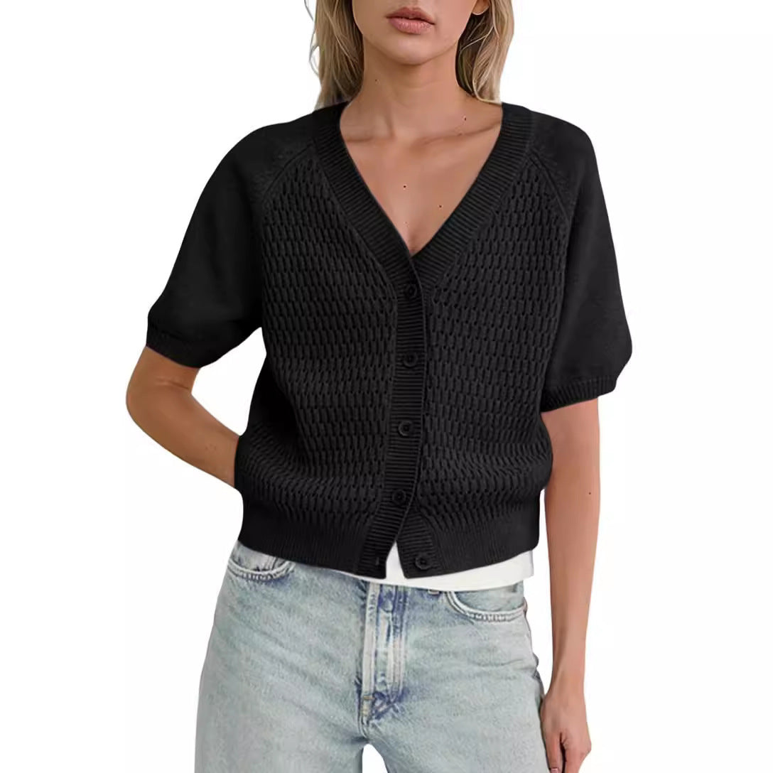 V-neck Hollow Short Button Down Puff Sleeve Shirt