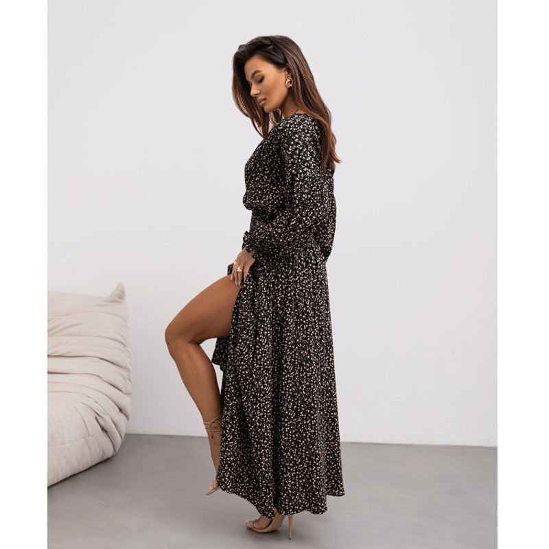 Women's Fashion Long Sleeve V-neck Split Print Dress