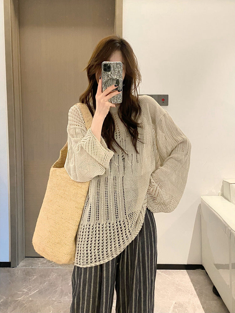 Idle Style Knitted Cardigan Thin Long Sleeve Round Neck Camisole Outer Wear