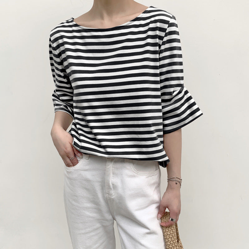 Leisure Artistic Versatile Loose Striped Solid Color Half Sleeve T-shirt