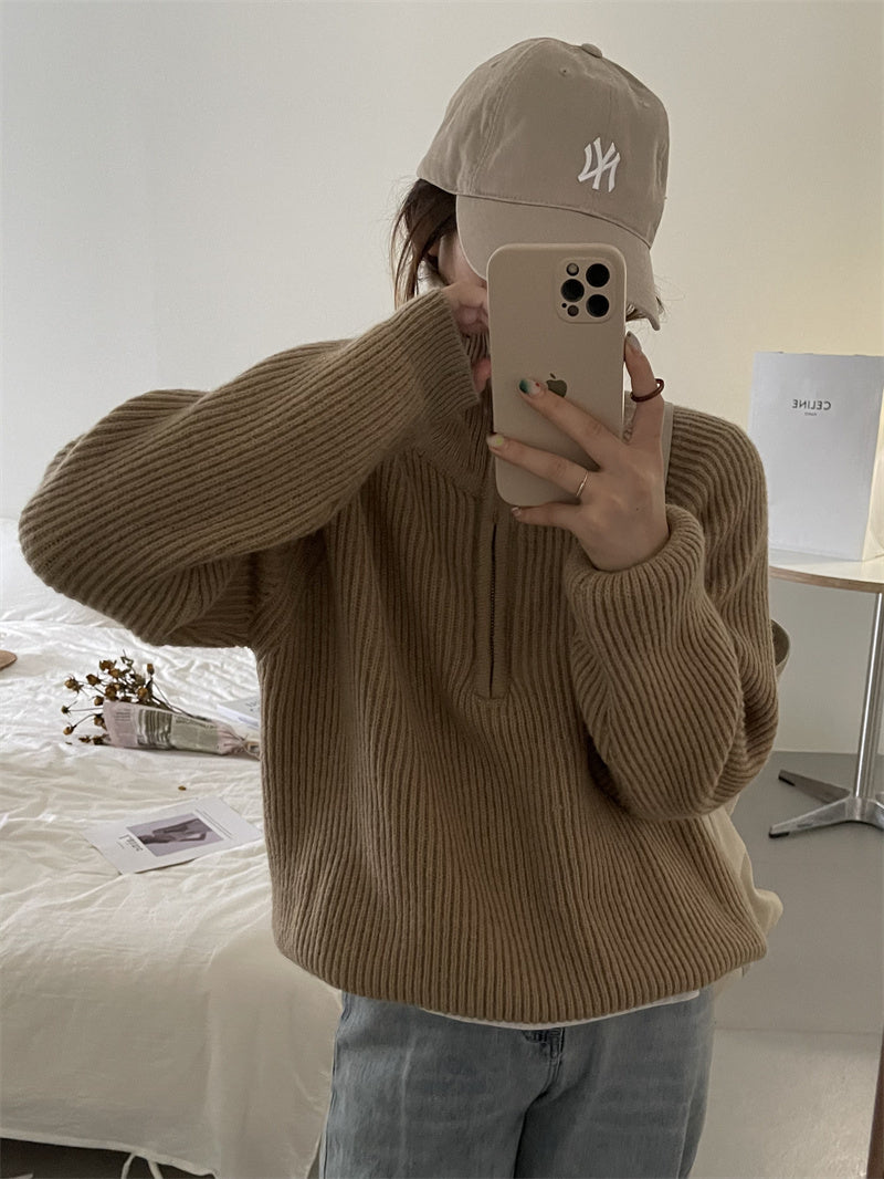 Lapel Sweater Turtleneck Zipper Pullover Sweater Coat Sweatshirt