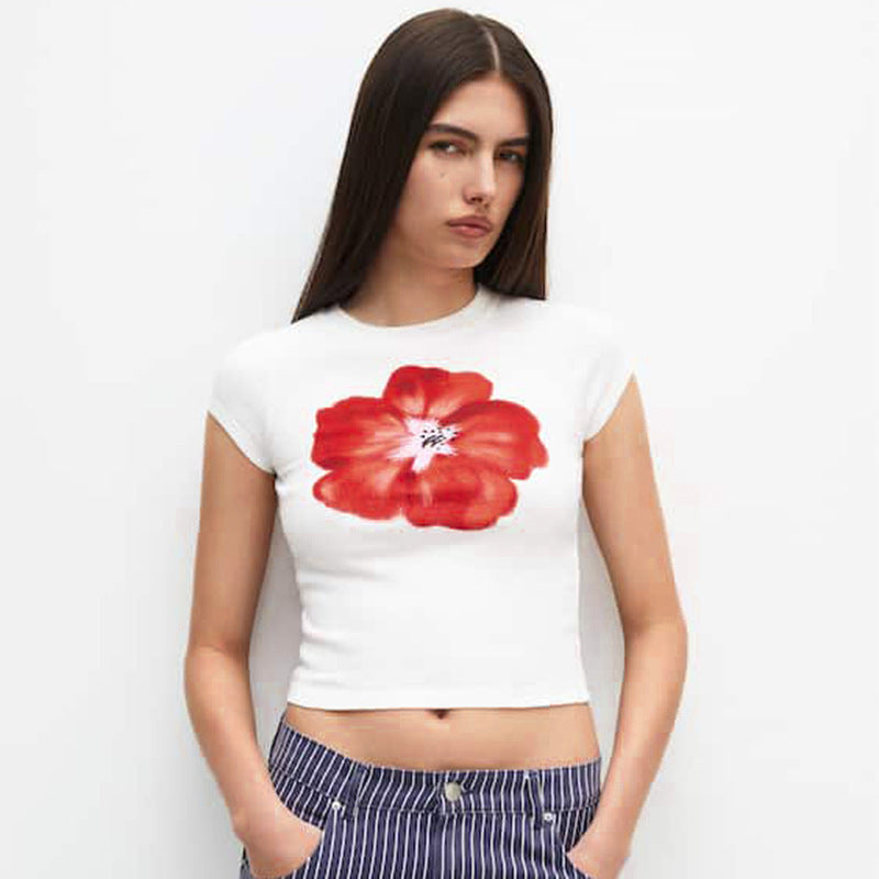 Fashion Print Round Neck Short-sleeved Cropped T-shirt