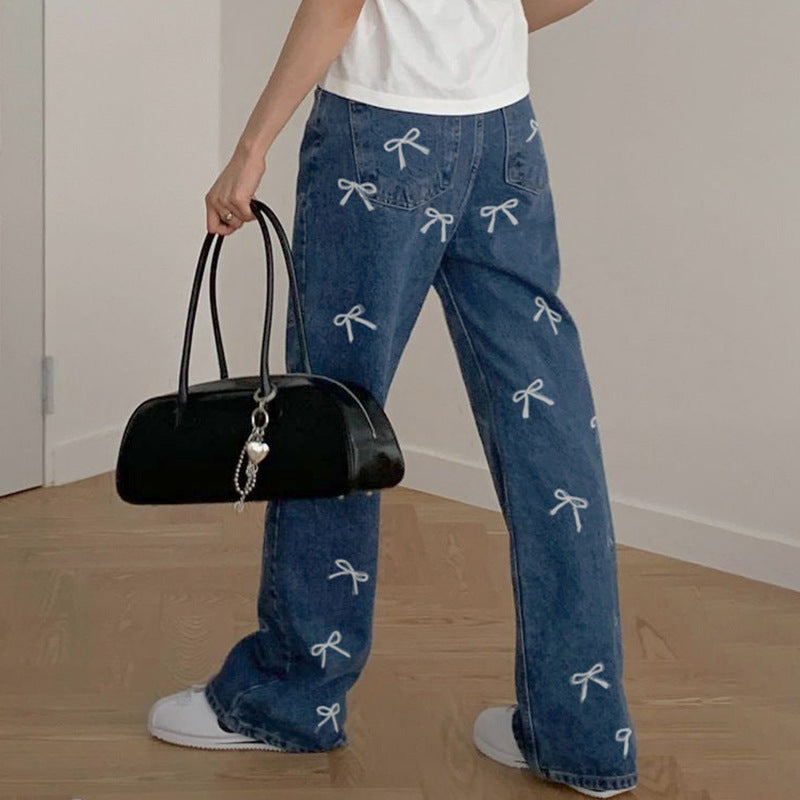 Girly Style Bow Vintage Print Loose Jeans