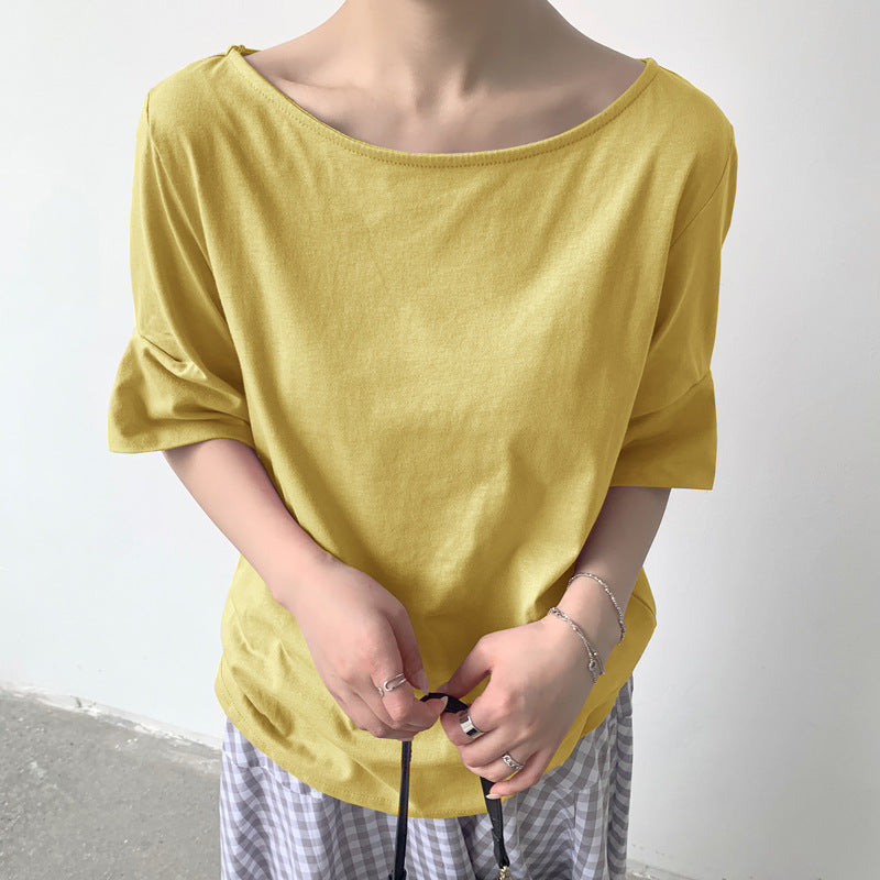 Leisure Artistic Versatile Loose Striped Solid Color Half Sleeve T-shirt