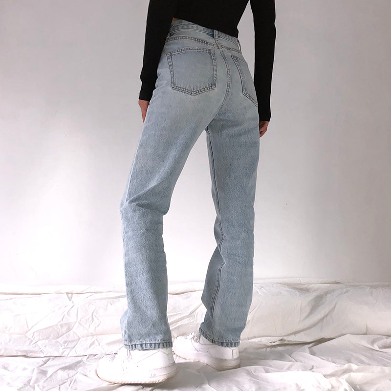 Jeans denim retro de tiro alto y pernera recta para mujer