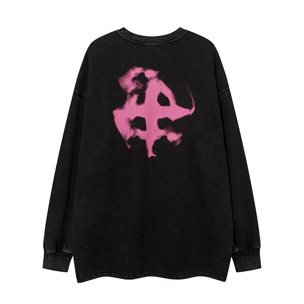 Cross Graffiti Printing Round Neck Fleece-lined Sweater