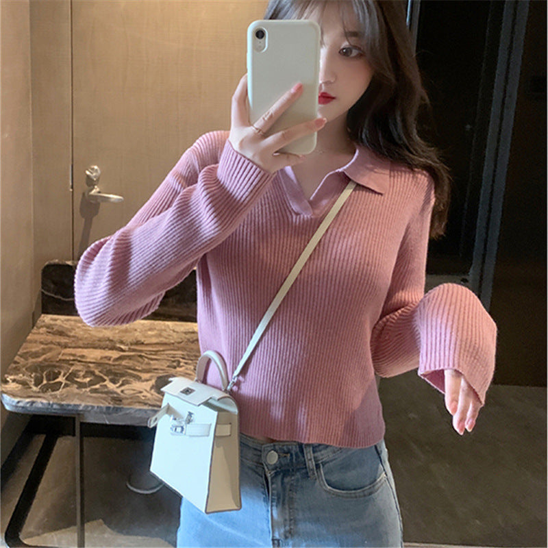 V-neck Long-sleeved Sweater Women's Lapel Polo Collar Sweater