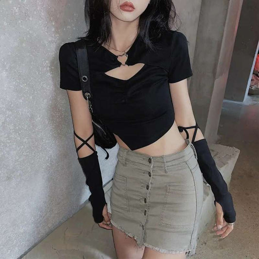 Hollow-out Short-sleeved Hot Girl Sexy Slim Fit Midriff-baring Top