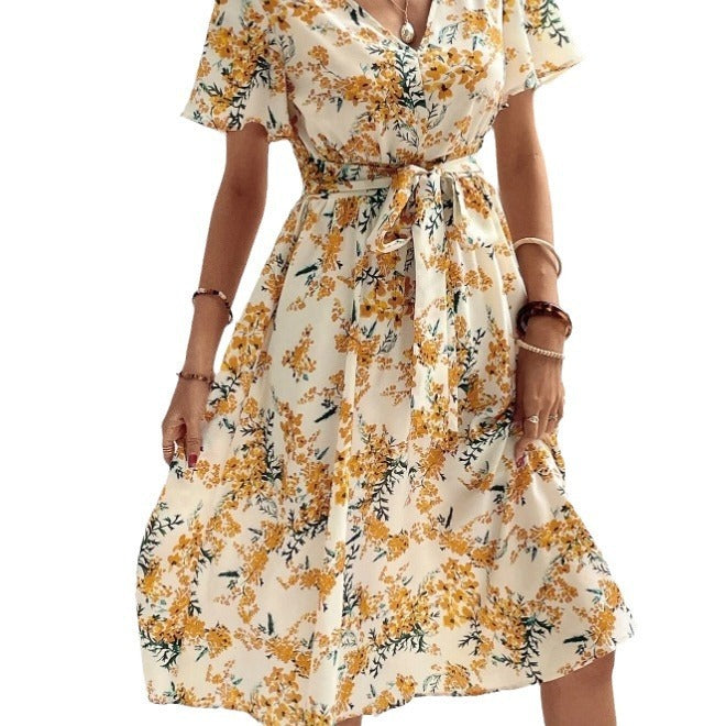 Women's Clothing Bohemian Spring And Summer Elegant Floral Print Lace-up Dress