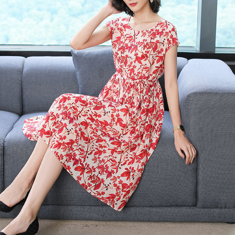 Loose Plus Size Round Neck Short Sleeve Floral Skirt Mother Dress