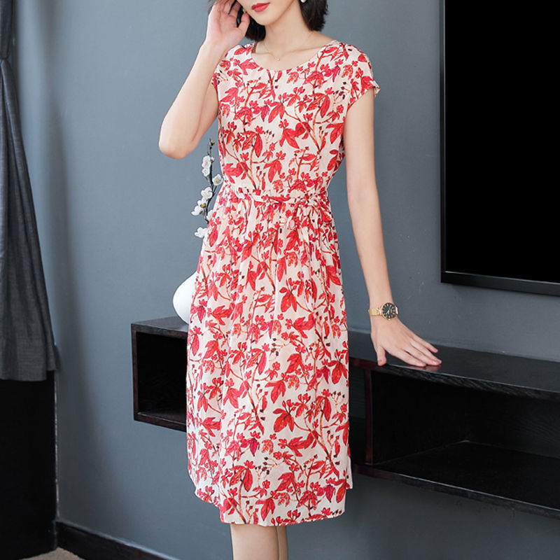 Loose Plus Size Round Neck Short Sleeve Floral Skirt Mother Dress