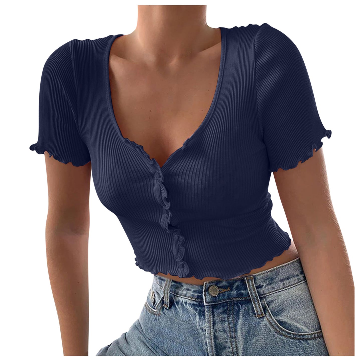 Crop Top de manga corta con vuelos y cuello en V con botones para mujer