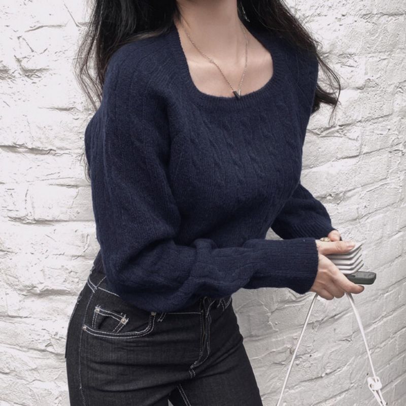 Women's Square Collar Sweater All-match Retro Twist Solid Color