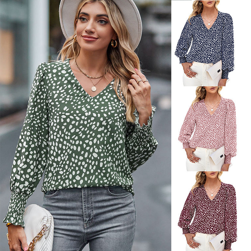 Blusa holgada de gasa con cuello en V manga larga estampada para Mujer