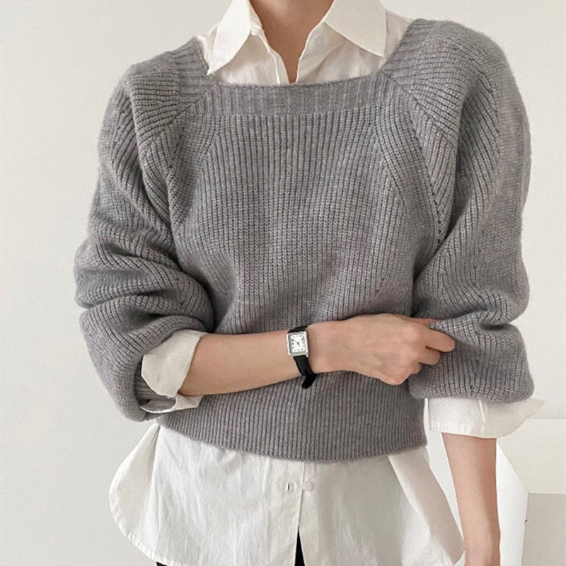 Retro Square Collar Off-shoulder Pullover Loose Casual Long Sleeves Knitwear