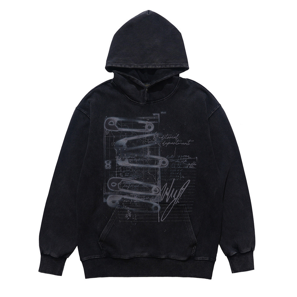 Design Fashion Brand Personalized Pin Printed Hoodie Men's Worn Looking Washed-out Graffiti Loose Pullover