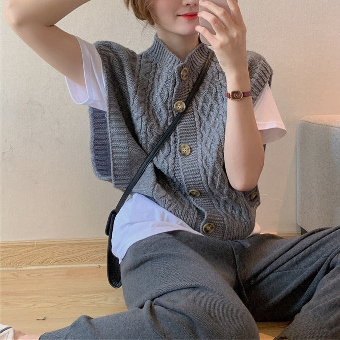 Solid Color Round Neck Commuter Outer Wear Button Thick Needle Smooth Sleeveless Soft Glutinous Knitted Vest