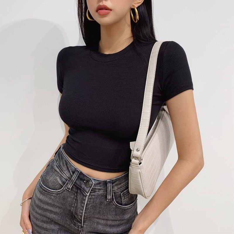 Women's Fashion Short Crew Neck Bottoming Shirt Top