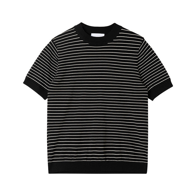 Advanced Trendy Heavy Loose Men's T-shirt Round Neck Striped