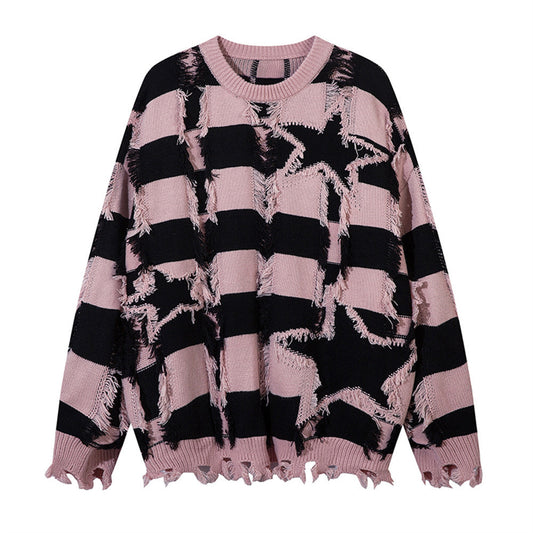 Loose Striped Ripped Round Neck Sweater