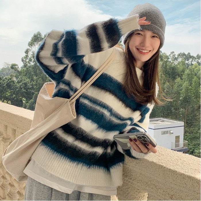 Idle Style Loose Soft Glutinous Striped Sweater For Women