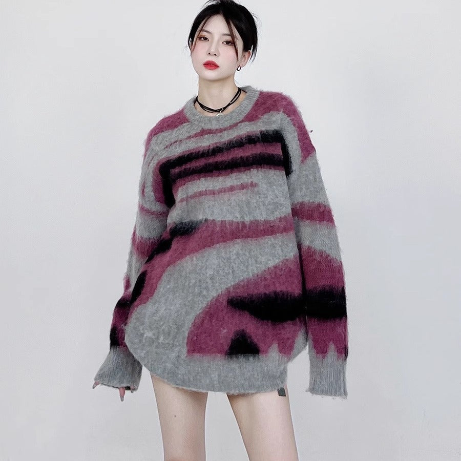 Women's Retro Contrast Color Loose Sweater