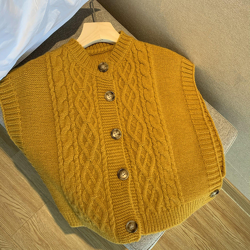 Solid Color Round Neck Commuter Outer Wear Button Thick Needle Smooth Sleeveless Soft Glutinous Knitted Vest