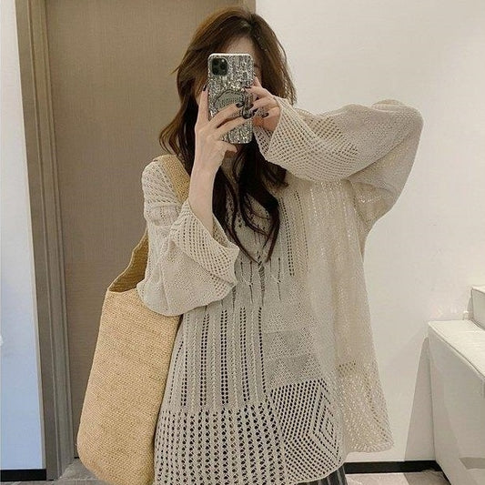 Idle Style Knitted Cardigan Thin Long Sleeve Round Neck Camisole Outer Wear