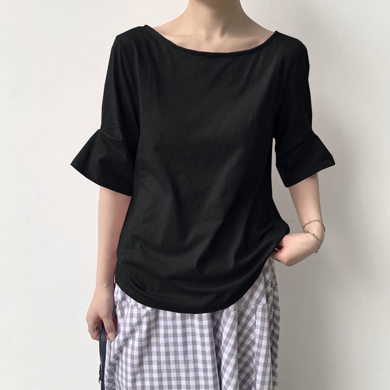 Leisure Artistic Versatile Loose Striped Solid Color Half Sleeve T-shirt