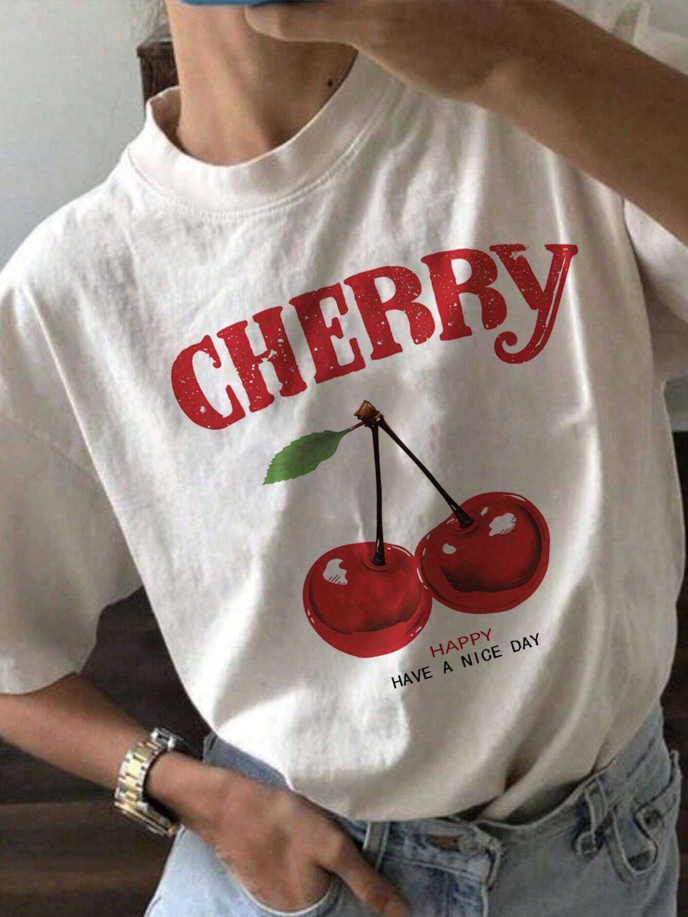 Oversized Cherry Print White Round Neck Short Sleeve