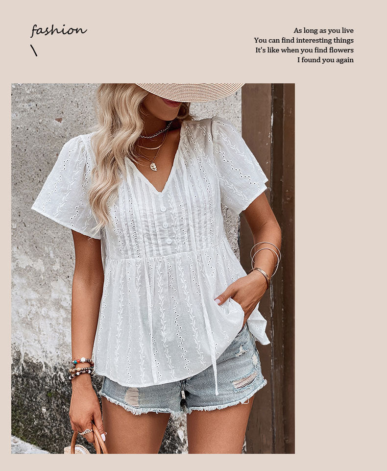 Blusa con costuras cuello en V de verano para mujer