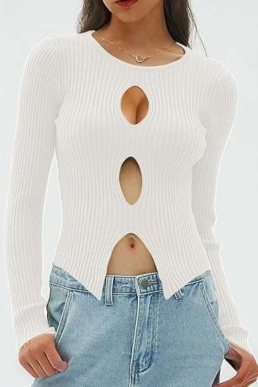 Women's Autumn Fashion Hollowed-out Rib Knitted Pullover Sweater Short Top