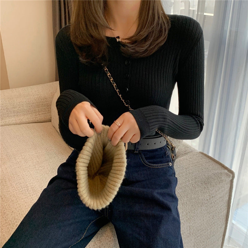 Slim Top Long Sleeve Knitted Sweater Short Bottoming Shirt