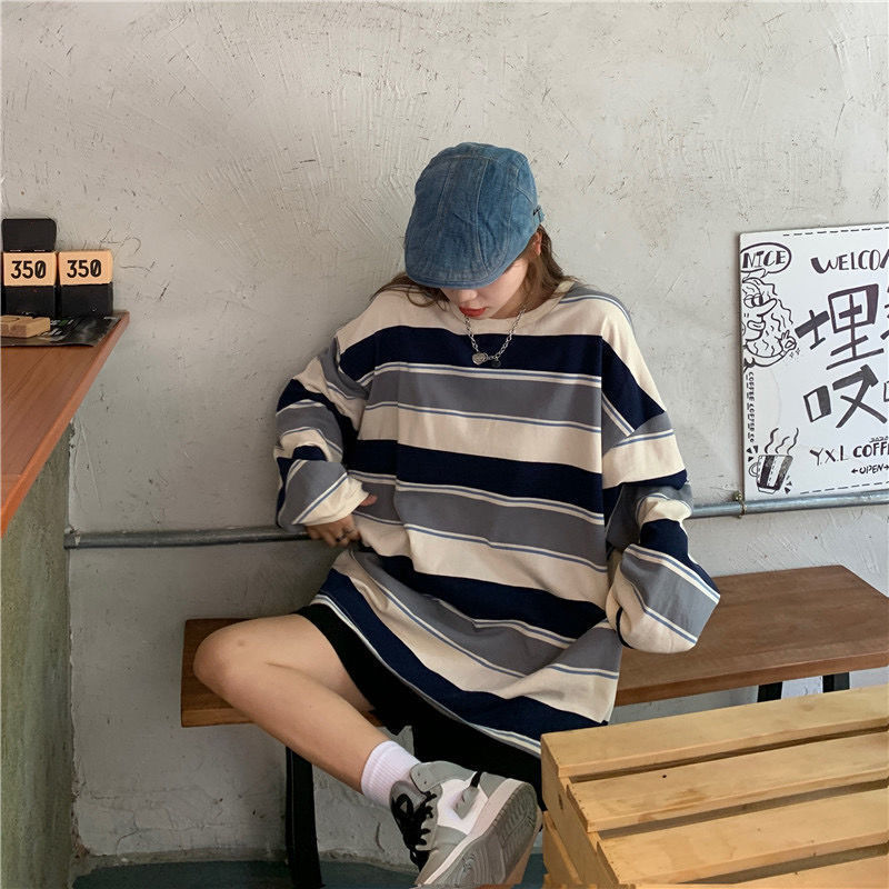 New Korean Style Loose-fitting Striped Long Sleeves T-shirt For Women