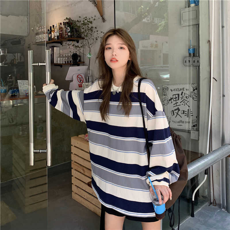 New Korean Style Loose-fitting Striped Long Sleeves T-shirt For Women