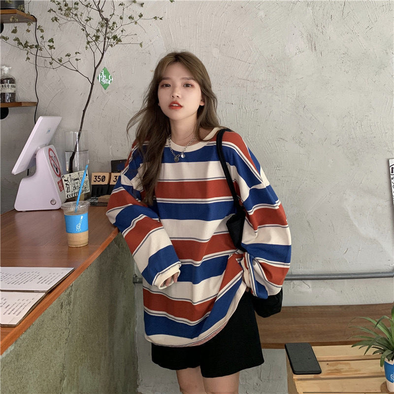 New Korean Style Loose-fitting Striped Long Sleeves T-shirt For Women