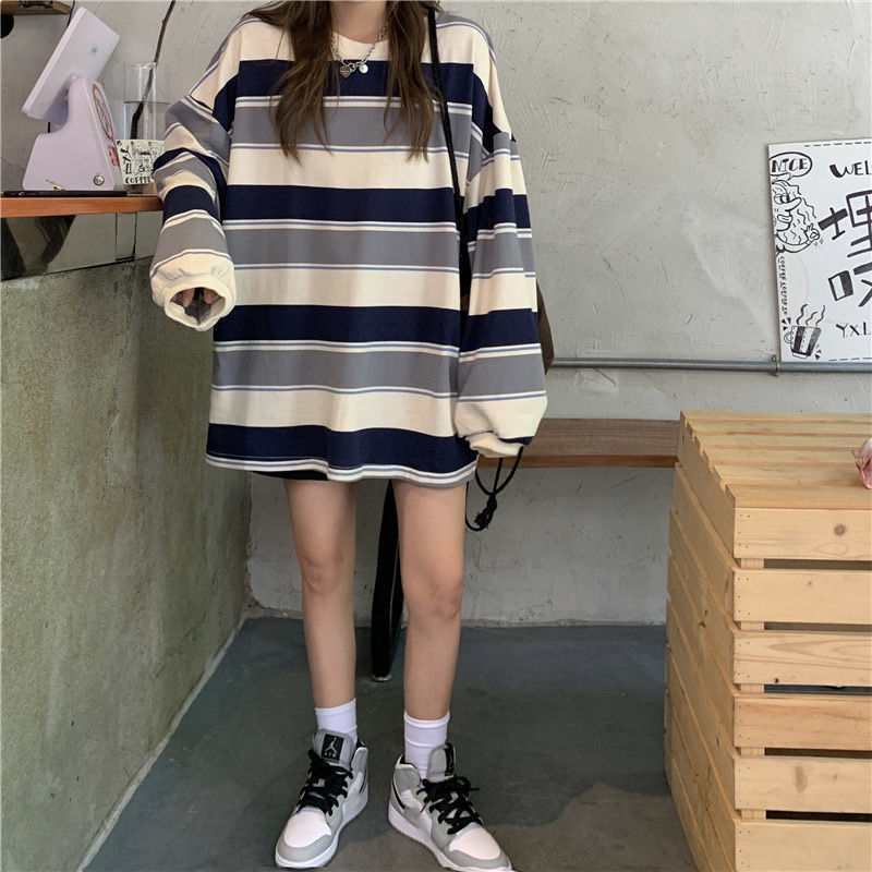 New Korean Style Loose-fitting Striped Long Sleeves T-shirt For Women