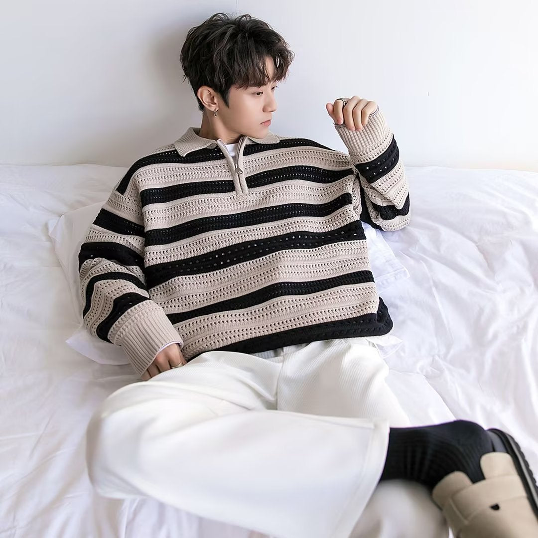 American-style Lazy Striped Design Blouse Loose Men's Vintage Sweater Youth Versatile Knit Casual Coat