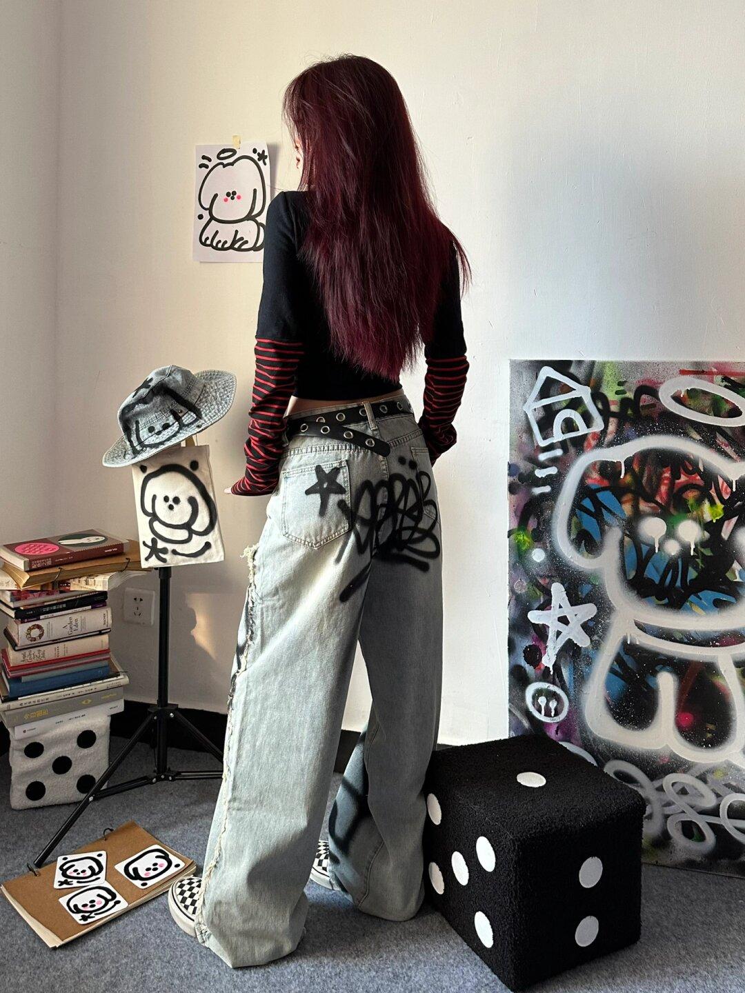 Jeans holgados retro Y2g Graffiti para mujer