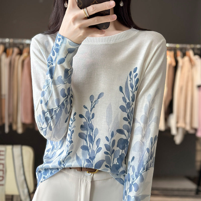 Round Neck Printed Silk Worsted Wool Sweater Pullover