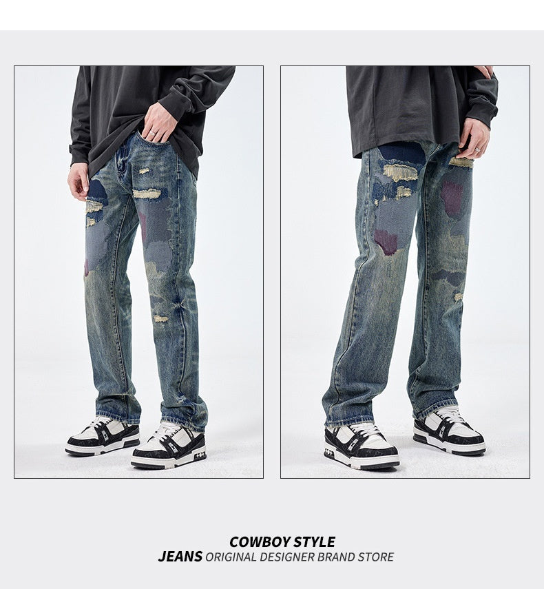 Jeans retro rectos con parche roto sueltos de estilo americano para hombre