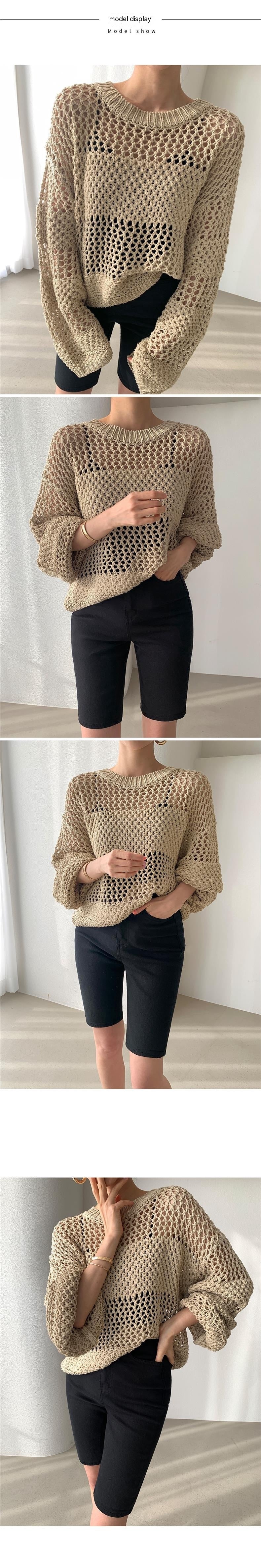 Elegant Retro Round Neck Exquisite Hollow-out Transparent Design Loose Sweater